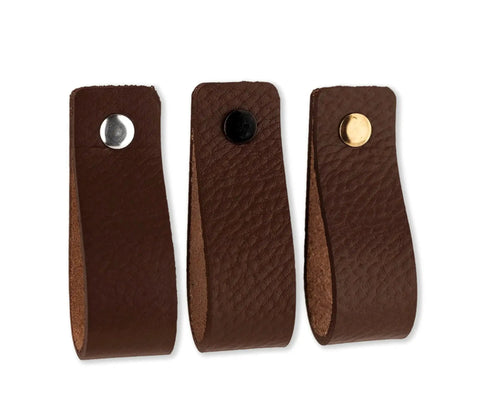 Brown Leather Drawer Pulls Set, 12 pieces, 6.5 x 1 inches each, with gold, black, and silver knobs