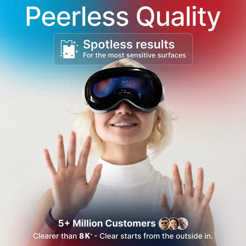 Person wearing VR goggles highlighting "Peerless Quality - Spotless results" message.