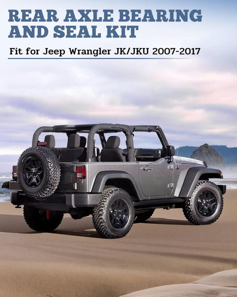 Jeep Wrangler JK JKU on beach showcasing Rear Axle Bearing and Seal Kit for Jeep JK 2007-2017 with Axle Shaft Seal Retainer 68008523AA