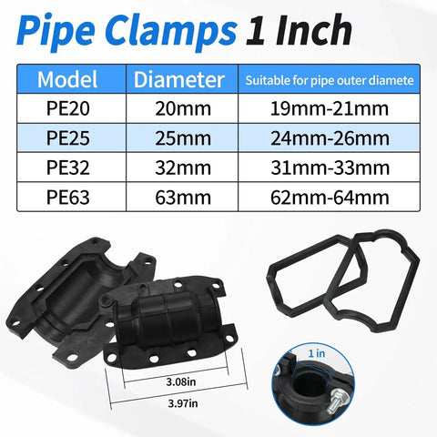 Water Pipe Repair Clamp Kit Leak Sealer For Plastic And Metal Pipes 25mm OD, image showing dimensions and PE25 model details.