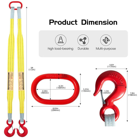 Kivomot 2-leg lifting sling, 3 ton WLL, yellow polyester webbing, red master link and hooks