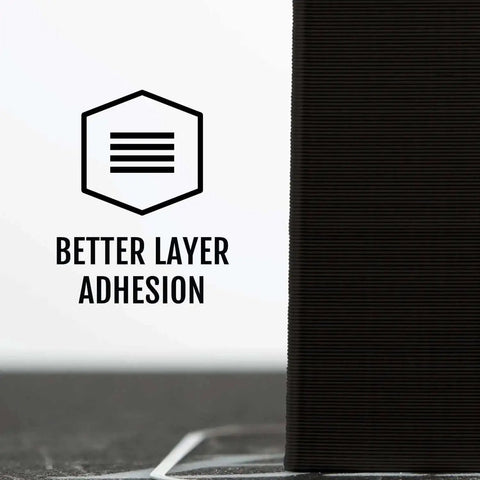 Close-up of black 1.75mm PLA 3D printer filament showing better layer adhesion and spool with dimensional accuracy ±0.03mm