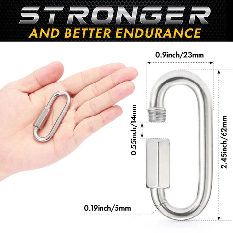 2.45 inch 304 stainless steel quick link in hand with dimensions; part of Stainless Steel Chain Quick Links Set Of 6 for outdoor use