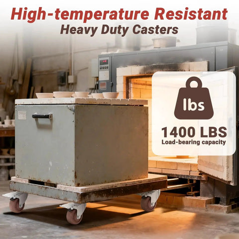 3 Inch Heavy Duty Casters Wheels Set Of Four With Brakes 1400 Pounds Capacity Glass Filled Nylon Heat Resistant To 475 Fahrenheit Industrial Castors For Workbench High Temperature Casters For Heavy Equipment And Mobility supporting a large metal box in a workshop.