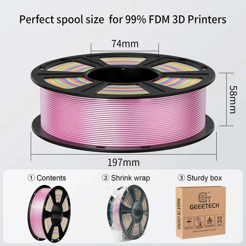 Pink PLA filament spool 1kg, dimensions 197x58x74mm, for 99% FDM 3D printers, shown with packaging details.