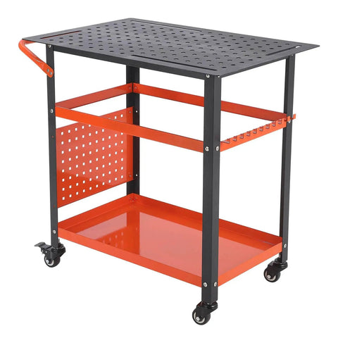 36 Inch By 24 Inch Heavy Duty Steel Welding Table Workbench With 600 Lb Capacity Portable Shop Bench On Wheels 161 Fixture Holes And 11 Hooks Double Shelf For Garage Workshop And Fabrication, side view showing orange shelves and black perforated top.