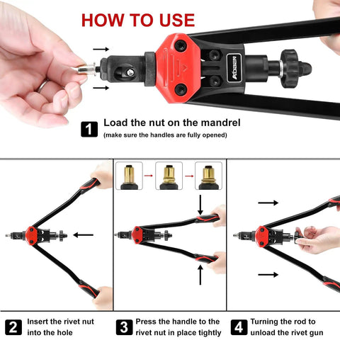 Instruction guide for Rivet Nut Tool Kit With 16 Inch Quick Change Head, 12 Interchangeable Metric And SAE Mandrels, 145 Rivnuts.