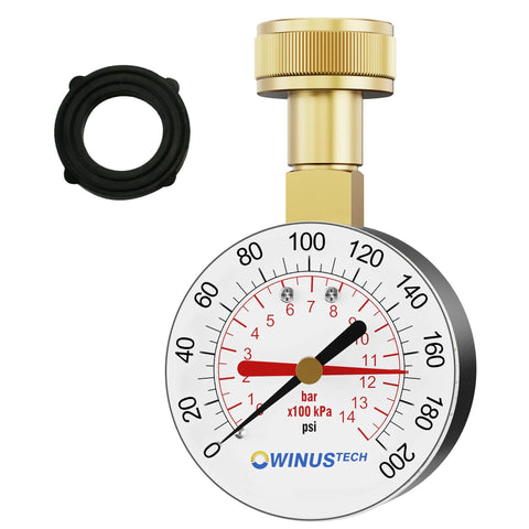 Water pressure gauge, 3/4" female inlet, 0-200 psi, 2.5" dial, brass body with rubber gasket, WINUSTECH