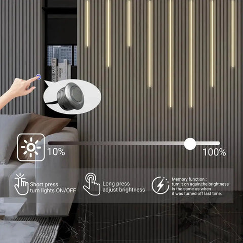 Black LED Recessed Lighting Kit With Dope 8 Piece 3000K Warm White Wall Panel Lights showing dimmable touch control on wood slat wall.