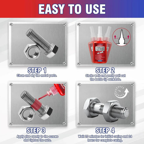 Instructions for using Two Pack Thread Locker Set Blue Medium Strength And Red High Strength Threadlock for nuts and bolts.