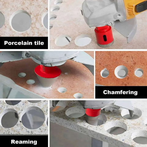 Diamond Hole Saw Kit 14 Piece Tile Drill Bit Set For Ceramic Porcelain And Granite Includes Diameters 6mm 8mm 19mm 25mm 35mm 51mm 75mm 100mm Plus Emery Chamferer Thumb Drill M14 Hex And SDS Accessories For Easy Cutting in use on tiles.
