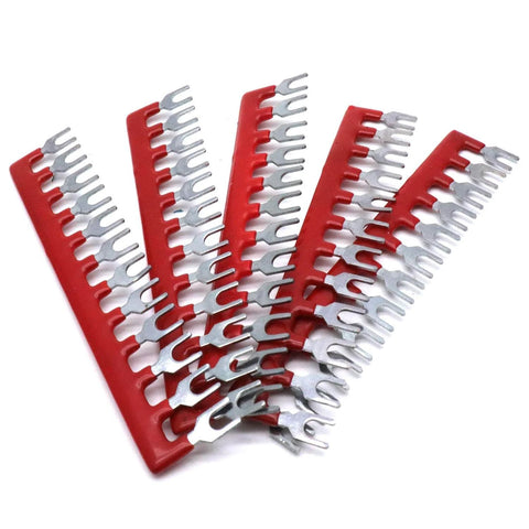 10 Pack Fork Type Terminal Jumper Block 12 Position Wire Connector Barrier Strip 400V 12A Black Red Brass Nickel Plated For Heavy Duty Round Copper Wire Connections, displayed stacked