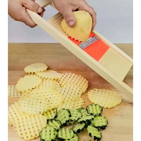 Wave Waffle Fries Cutter And Crinkle Slicer Set Stainless Steel For Potatoes And Carrots Lattice Chip Maker in use with potatoes