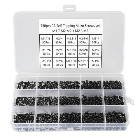 750 Piece Self Tapping Screws Set M1.7 Through M3 Phillips Pan Head Cross Recessed Carbon Steel Black displayed in organizer box