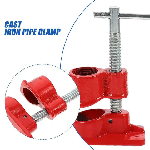 Close-up of red cast iron pipe clamp showing adjustable screws