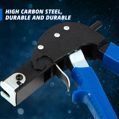 Expansion Screw Petal Nut And Metal Setting Tool Set With 46 Pieces Including 45 Petal Shaped Nuts In Three Sizes, Each Size 15 Pieces, And One Wall Anchor Gun For Hollow Walls Plasterboard Drywall Pressboard Hardboard Steel Zinc Plate showing close-up of metal setting tool and blue handle.