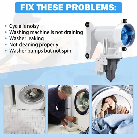 Angled view of white GE washer drain pump and filter assembly with blue impeller.