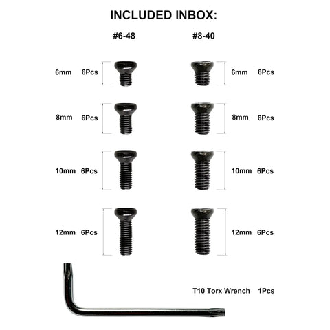 Image of Torx Oval Head Screw Set For Precision Tools And Mounts, includes 6-48 and 8-40 screws, 8 sizes, plus T10 wrench.