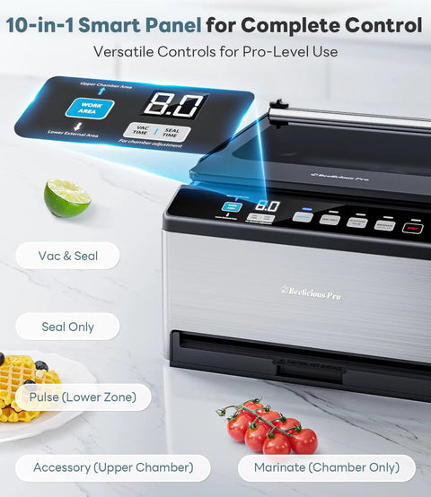 DualCore CVS101 chamber vacuum sealer with stainless steel body and 10-in-1 smart panel on a kitchen counter.