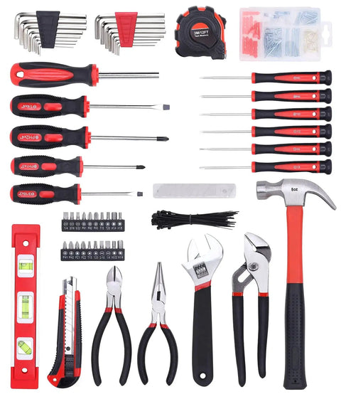 All In One 215 Piece Home Repair Tool Set With 12 Inch Wide Mouth Storage Bag A Real Workhorse For DIY Projects Heavy Duty Household Hand Tool Kit Red - various tools arranged