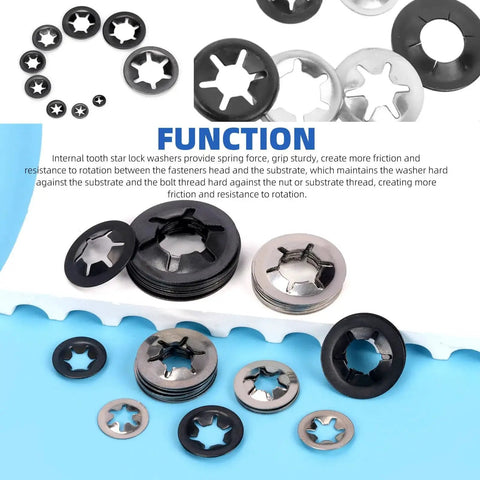 Glarks internal-tooth star lock washer set, 209 pcs, 9 sizes, 65Mn steel and 304 stainless, top view
