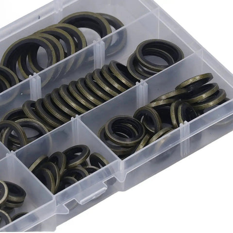 Heavy Duty 110 Piece Metal Bonded Oil Seal Washers Kit With High Temp Rubber O Rings, Self Centering Lip, And Storage Box