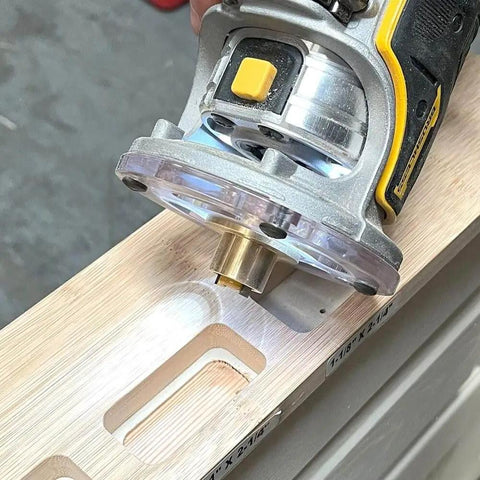 4 Inch Hinge Mortising Template With One Quarter Inch Radius Corners For Doors, Pro Grade Router Jig In Use On Wood Door