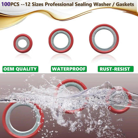AC O Ring Kit 400 Piece Seal Washer Set for Your Ride, showing waterproof and rust-resistant properties, 12 size assortment
