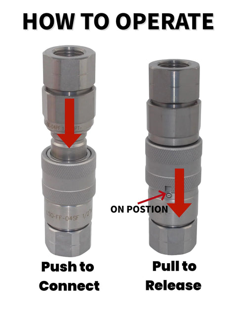 Front and side view of 1/2 inch NPT flat-face hydraulic quick-connect couplings with knurled sleeves and dust caps.