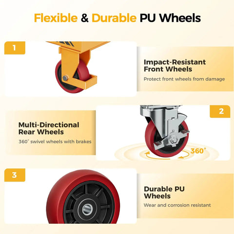 Illustration of foldable hydraulic lift table cart 500lb capacity with non slip pad 28.5 inches showing flexible PU wheels features