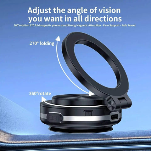 Vacuum Magnetic Car Phone Mount With 360 Degree Rotating Holder Strong Magnetic Grip in folded position on a smooth surface