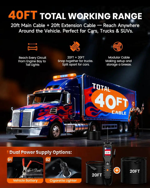 Truck showcasing All In One Power Circuit Tester For 6 To 30V Vehicle And Trailer Electrical Diagnosis With voltage polarity kits.