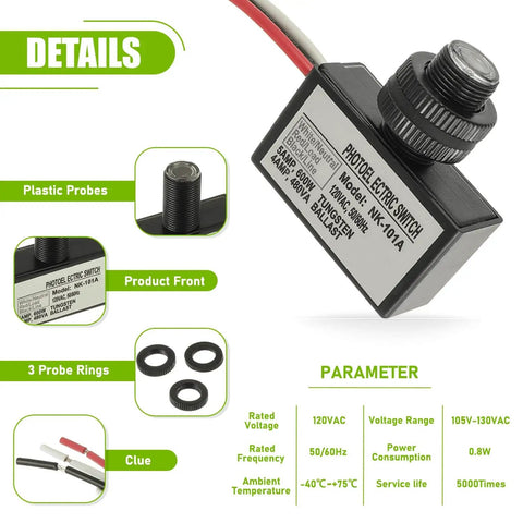 Outdoor 105V To 130V AC Photocell Light Sensor Switch For Dusk To Dawn Auto Lighting with probe details and specifications