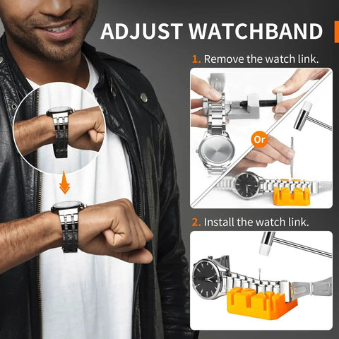 Person adjusting watch strap using All In One Watch Repair Kit Pro Grade Gear For Battery Swaps Strap Adjustments Case Opener And Back Cover Link Remover Bracelet Resizing Pin Removal Screwdrivers And Spring Bar Set For Quick Easy Alterations