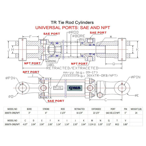 Technical drawing of a Tie Rod Hydraulic Cylinder 3 In Bore 6 In Stroke 1.25 In Rod 2500 PSI with universal ports.