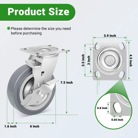 6 Inch Heavy Duty Caster Wheels Industrial Grade Thermoplastic Rubber With Brake 4500 Lbs Capacity Ball Bearing Plate Swivel Castors Set Of 4 For Equipment And Industrial Carts Medical Applications with size dimensions
