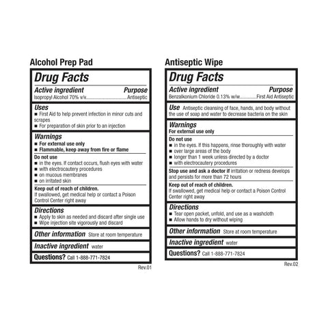 Drug facts label for alcohol prep pad and antiseptic wipe from Grab And Go 110 Piece First Aid Kit For Home Office Car Travel Outdoor Sports And School With Comprehensive Medical Supplies And Ready To Use FSA HSA Eligible Packaging Included
