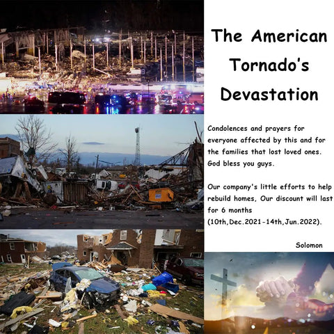 Collage showing tornado devastation in American towns with debris, damaged buildings, and relief efforts.