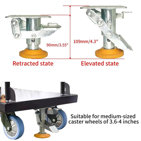 Floor Lock For Carts With Brake Function And Height Adjustable Load Lock Manganese Steel Cart Stopper with dimensions and install view