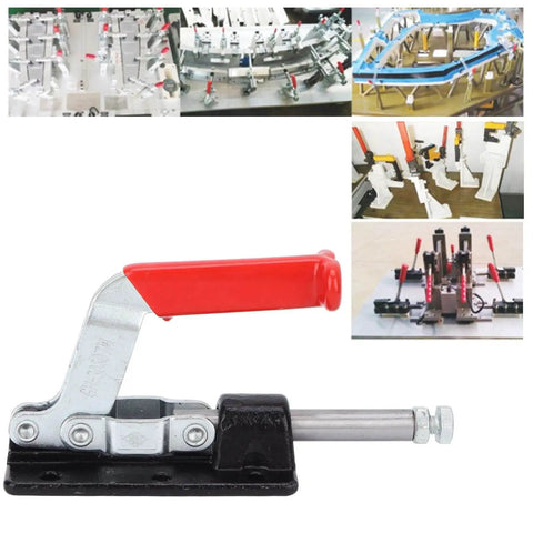 Push Pull Toggle Clamp With Quick Release For Easy Setup No Fuss And Stable Clamping Force The All Around Fixing Fixture For Woodworking Jigs Pocket Hole Jigs Metal Sheets Circuit Boards And Welding Projects Model 30607M with red handle shown in front view.