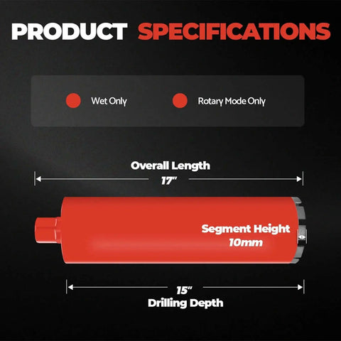 Heavy Duty Diamond Core Drill Bit For Concrete And Masonry Two Inch Core Wet Use Only Drilling Depth Fifteen Inches Roof Top Welded Segment With Seven UNC Thread For Reinforced Rebar, 17 inch length, segment height 10mm, wet and rotary mode only