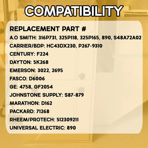 Compatibility chart listing replacement part numbers for HVAC components on a blurred background