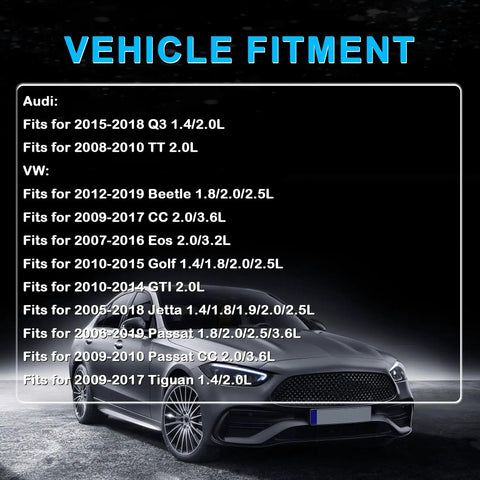 Vehicle fitment chart for Audi and VW models including Q3, TT, Beetle, CC, Eos, Golf, GTI, Jetta, Passat, and Tiguan.