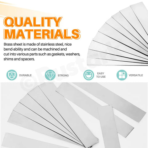 10Pcs Pro Grade Stainless Steel Strip Assortment Kit For Kitchen Trim Gap Filling And DIY Shims 1 Inch Wide 6.1 Inch Long 0.002 Inch Thick 304 Stainless Steel strips arranged showing flexibility and size.