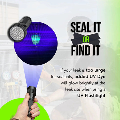 UV flashlight detecting leaks with All In One Leak Sealer For HVAC Systems Up To 5 Tons With Moisture Remover And UV Dye 3 In 1 Direct Inject