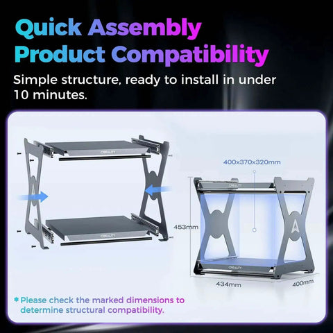 Space Saving Dual Layer 3D Printing Workstand with dimensions and assembly instructions visible
