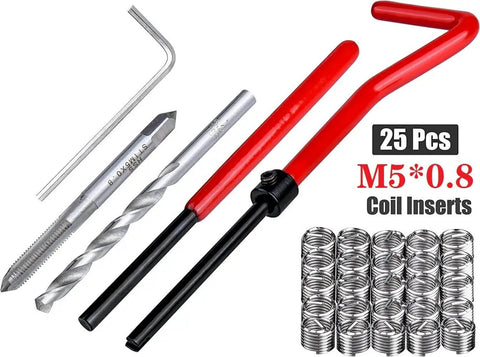 M5 X 0.8 Thread Repair Kit With 25 Stainless Steel Inserts And Full Tool Set For Auto Repair Pro Grade Lug Breaker Installation Tool M5 Tap 5.2mm Drill Bit And Wrench Helicoil Compatible
