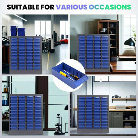 40 Drawer Parts Cabinet With 200 Dividers And 80 Label Slots For Easy Organization Of Bolts Nuts And Small Tools, shown in different settings.