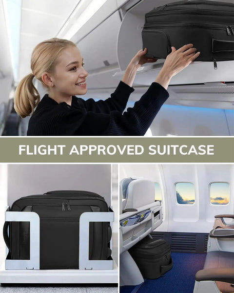 Underseat Carry On Luggage With Wheels For Men And Women, TSA Approved Rolling Overnight Weekender Bag in airplane cabin.