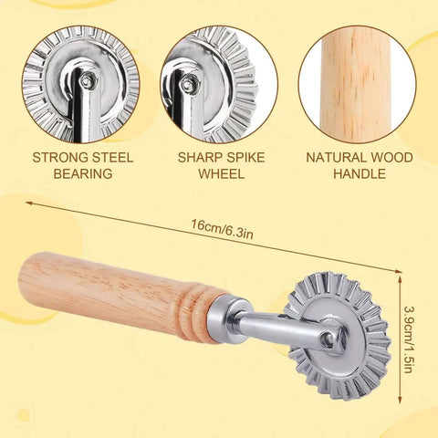 Fluted Pastry Wheel Cutter For Homemade Pasta And Ravioli, Durable Dough Cutter With Perforated Wooden Handle, 6.3-inch close-up